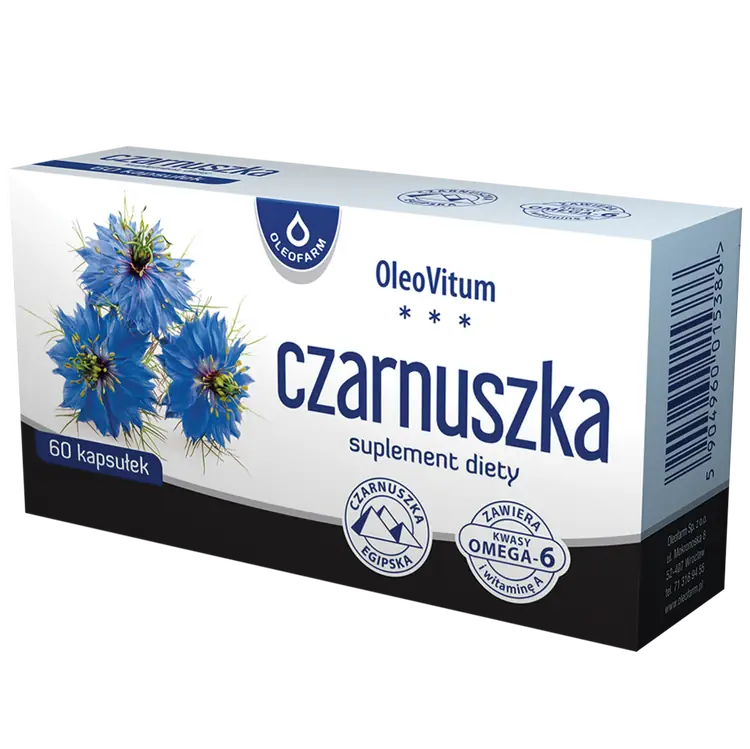 Czarnuszka | 60 kapsułek 1 Czarnuszka - suplement diety z olejem z czarnuszki i witaminą A 60 kapsułek – Oleofarm