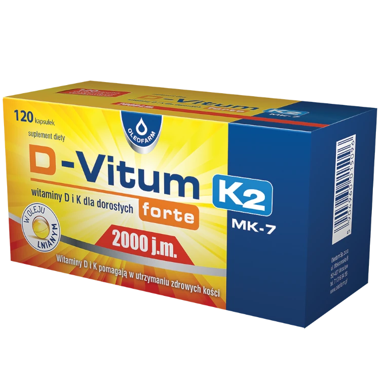 D-Vitum K2 forte 2000 j.m. | 60 kapsułek 1 Suplement diety z witaminą D3 i K2 + olej lniany 60 kapsułek – D-Vitum K2 forte 2000 j.m. – Oleofarm