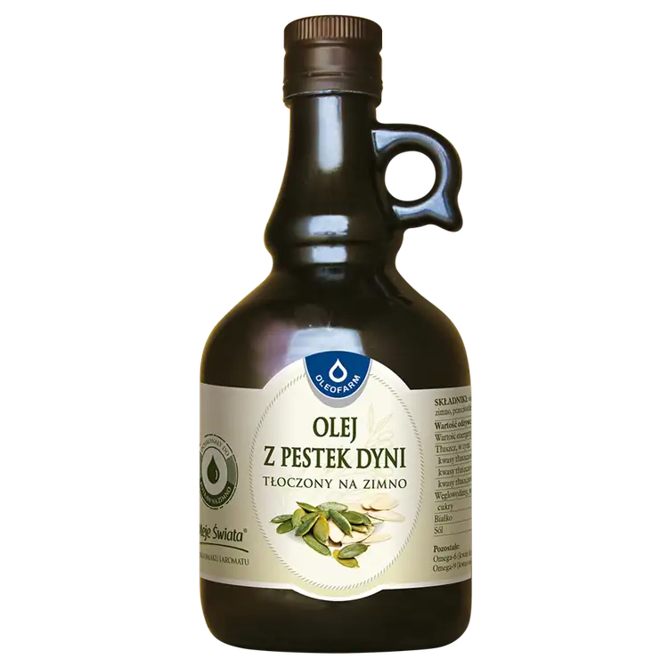 Olej z pestek dyni tłoczony na zimno | 500 ml 1 Olej z pestek dyni tłoczony na zimno 500 ml | naturalne źródło NNKT do sałatek i zup
