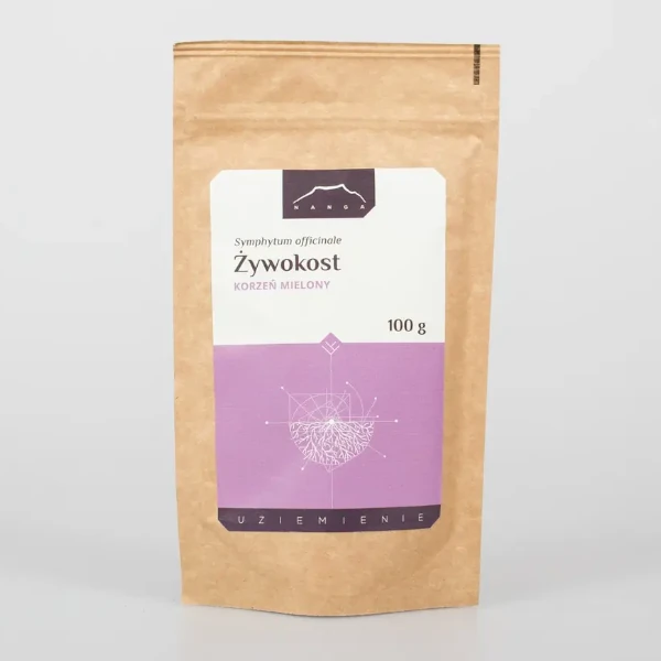 Żywokost korzeń (Symphytum officinale) <br> korzeń mielony 100 g 1 Żywokost korzeń w formie mielonej– Naturalny surowiec zielarski do użytku zewnętrznego.
