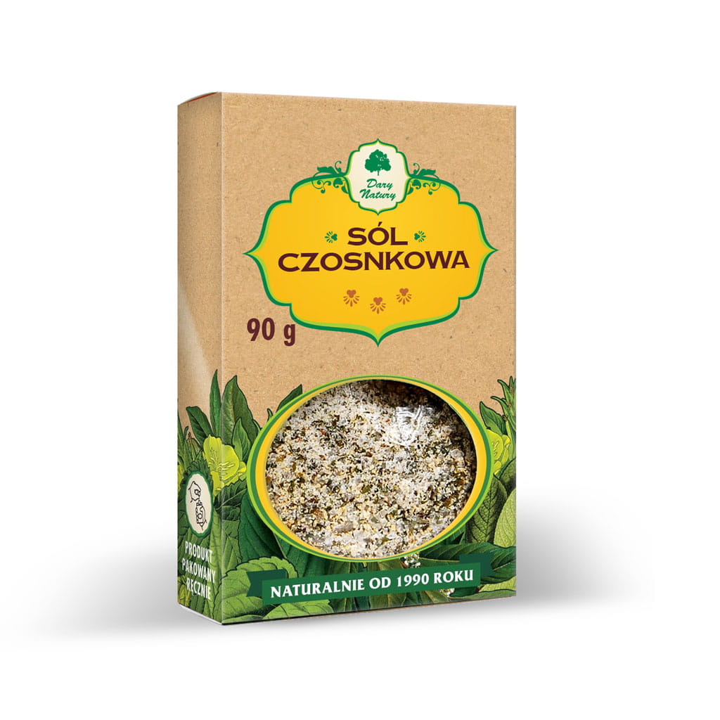 Sól czosnkowa | 90 g 1 Sól czosnkowa 90 g – naturalna przyprawa z czosnkiem i czosnkiem niedźwiedzim | Dary Natury