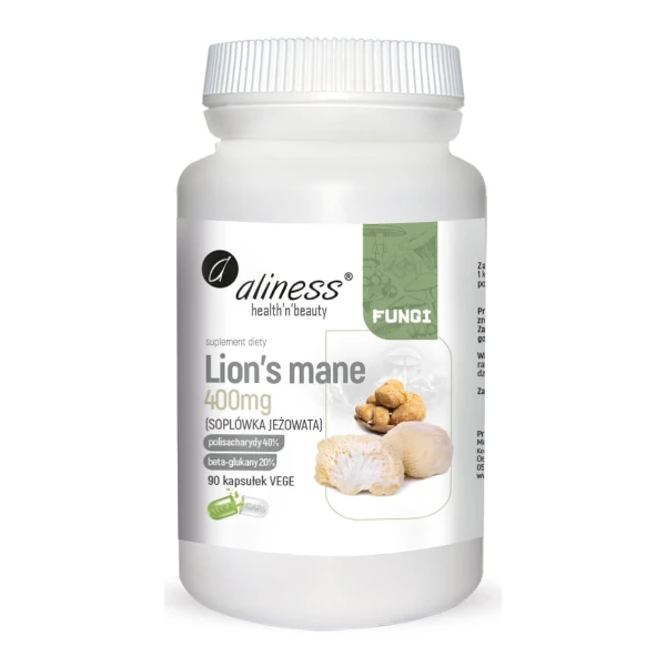 Lion’s Mane ekstrakt 40/20, 400mg | 90 kapsułek 1 Lion’s Mane ekstrakt 40/20 Aliness | Naturalne wsparcie dla umysłu i koncentracji