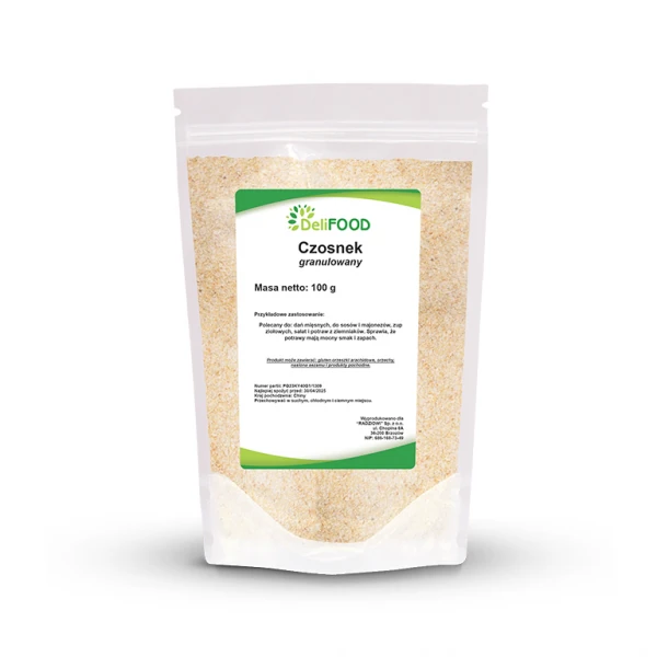 Czosnek granulowany 1 Czosnek granulowany 100 g – Delifood | Aromatyczna przyprawa o właściwościach prozdrowotnych