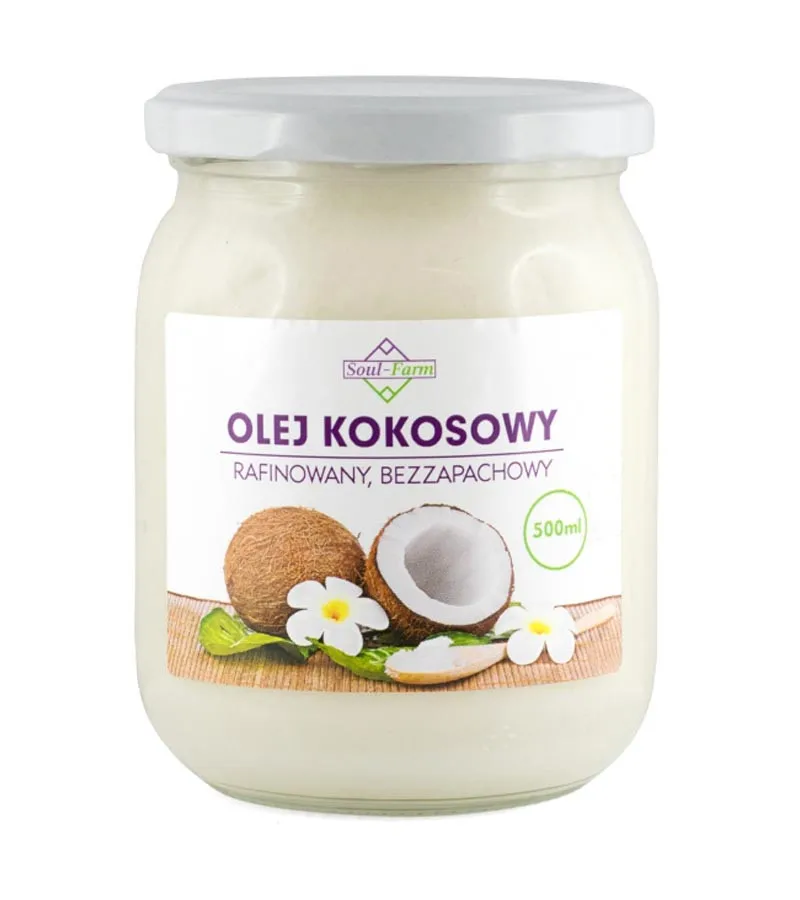 Olej kokosowy rafinowany | 500 ml 1 Olej kokosowy rafinowany 500 ml – Soul-Farm | Idealny do smażenia i pieczenia